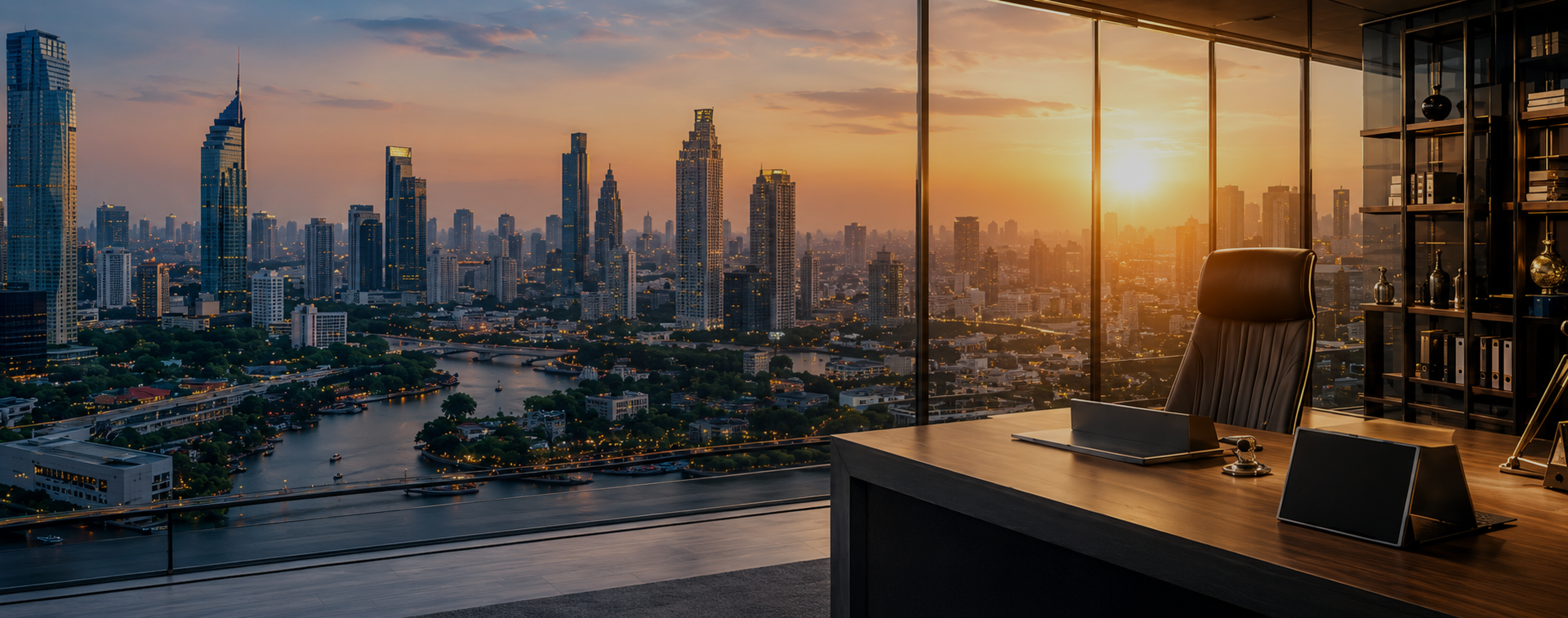 Modern city skyline and executive workspace